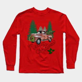 Christmas Red Truck & Xmas Tree Vintage Farmhouse Merry Christmas Gifts Long Sleeve T-Shirt